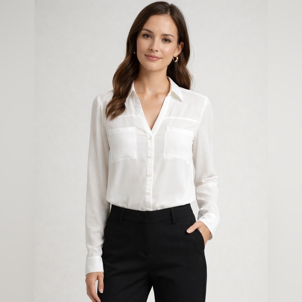 Express Women’s Long Sleeve White Button Up V Neck XS Shirt White Slim Sheer